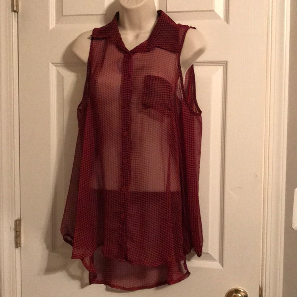 Cold Shoulder Buffalo Plaid Sheer Blouse